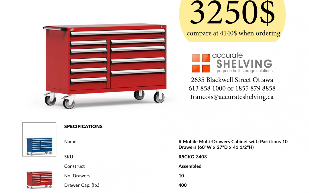 R MOBILE MULTI-DRAWERS CABINET WITH PARTITIONS 10 DRAWERS (60″W X 27″D X 41 1/2″H)